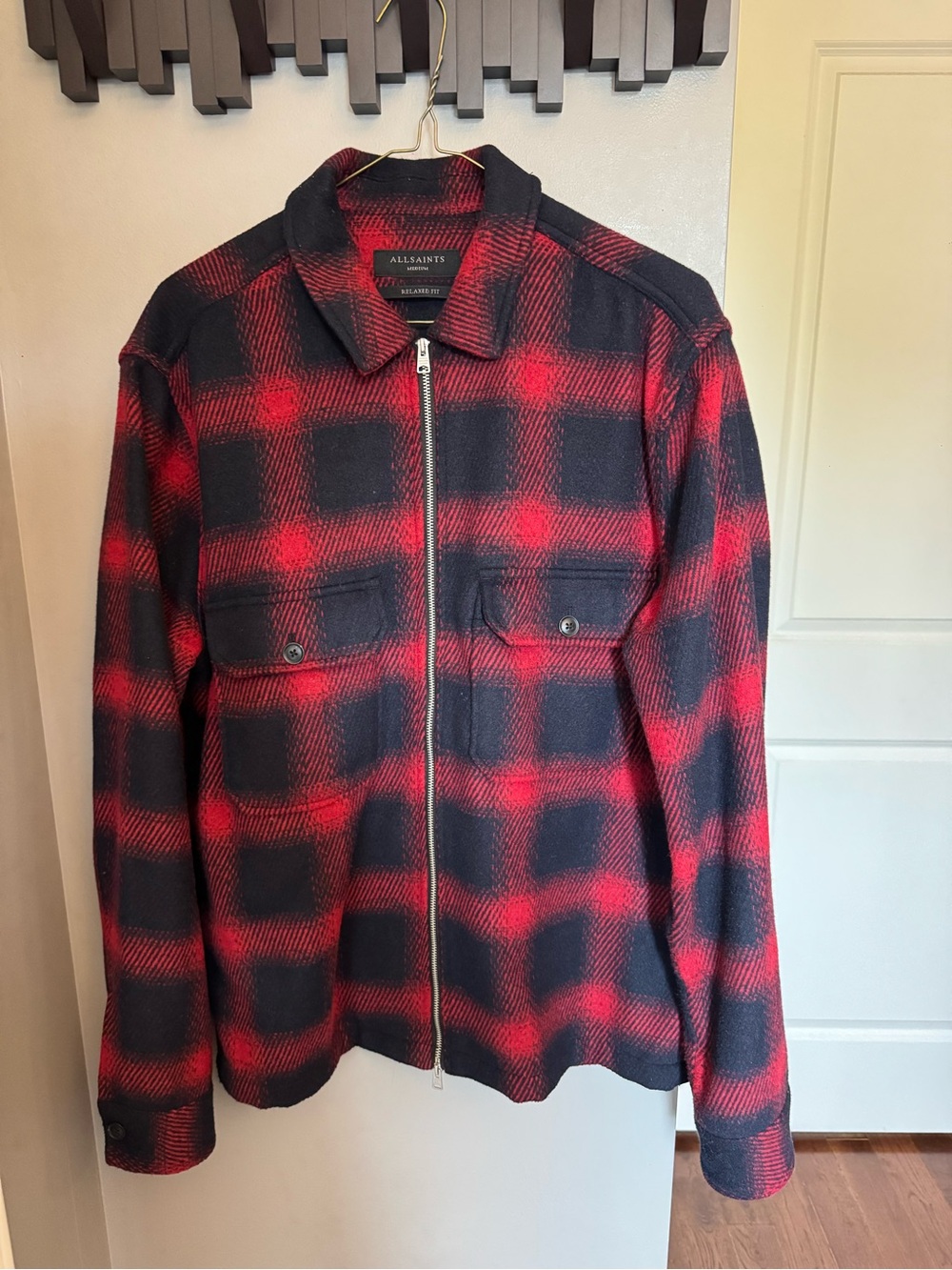 All Saints Red and Black Plaid Zip-Up Shirt Jacket